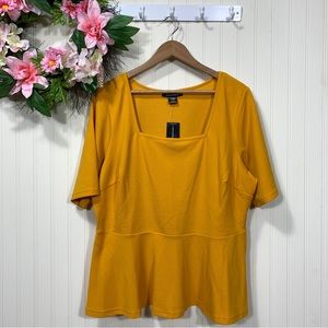 Ashley Stewart NWOT mustard yellow peplum babydoll top cocktail square neck